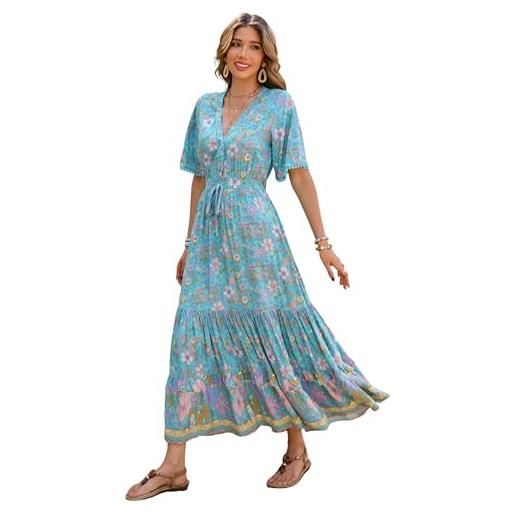R.Vivimos abito boho estivo donna abito sexy scollo a v bottoni manica corta vestito elegante con volant orlo abito lungo maxi da spiaggia casual per le vacanze(s, aqua. Blue)