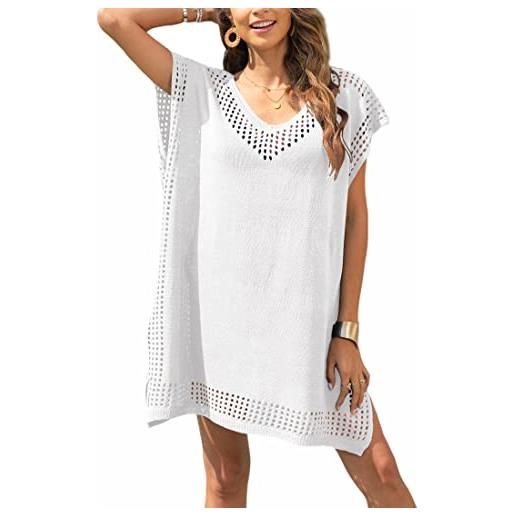 Codkkre copricostume donna mare vestito da spiaggia con crochet scollo a v abito da spiaggia coprire costumi da bagno sciolto hollow out sexy bikini cover up, bianco