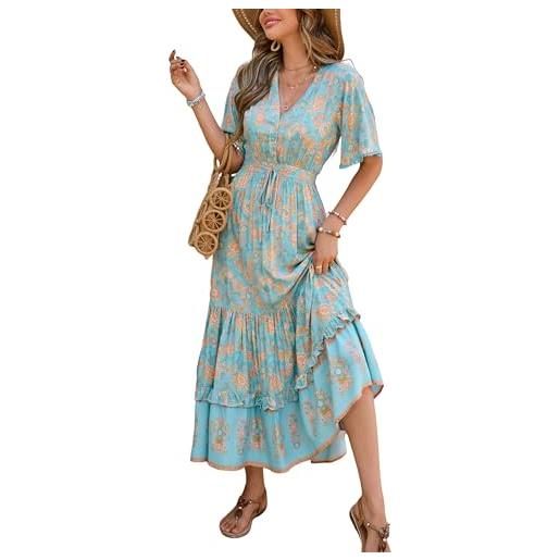 R.Vivimos abito boho estivo donna abito sexy scollo a v bottoni manica corta vestito elegante con volant orlo abito lungo maxi da spiaggia casual per le vacanze(xl, skyblue-floral)