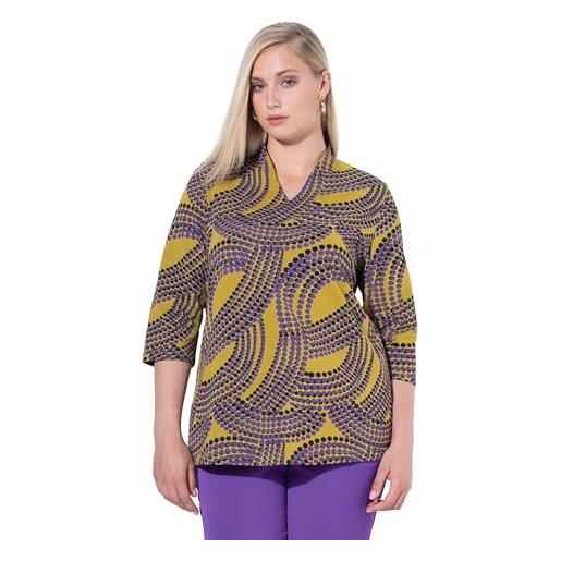 Ulla Popken maglia con puntini, scollo a v montante e maniche a 3/4 verde giallo chiaro 54+ 843205630-54+