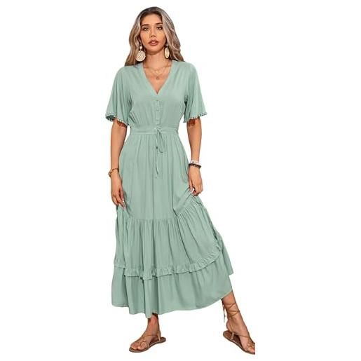 R.Vivimos abito boho estivo donna abito sexy scollo a v bottoni manica corta vestito elegante con volant orlo abito lungo maxi da spiaggia casual per le vacanze(m, verde salvia)