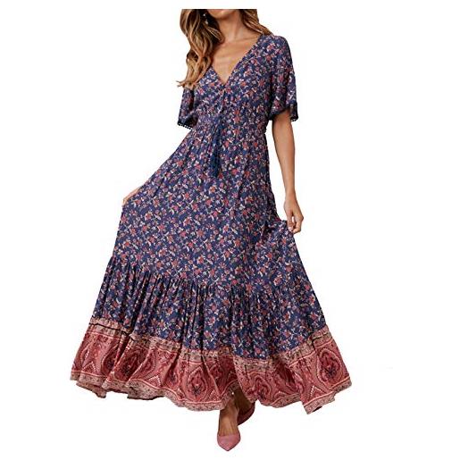 R.Vivimos abito boho estivo donna abito sexy scollo a v bottoni manica corta vestito elegante con volant orlo abito lungo maxi da spiaggia casual per le vacanze(s, blu scuro)