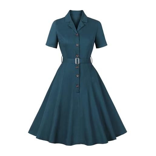 Odizli abito da donna anni '50, a maniche corte, con risvolto dentellato, volant, abito da cocktail con cintura, blu pavone m, m
