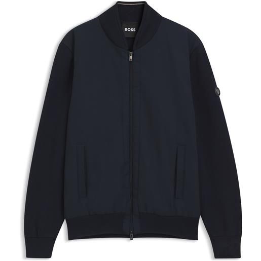 BOSS giubbotto ibrido in maglia di cotone con collo bomber, blu scuro