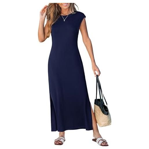 CUPSHE abito estivo da donna con scollo rotondo, senza maniche, per spiaggia, vacanze, maxi abito con spacco laterale, casual, con tasche, blu navy, l