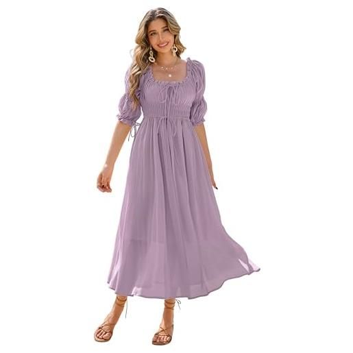 R.Vivimos donna boho estate quadrato collo midi abito doppio puff manica elastica vita una linea abito cottagecore(l, dusty. Purple)