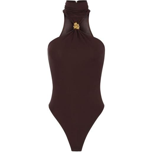 Elisabetta Franchi body donna scollo americano con accessorio gioiello, dark chocolate