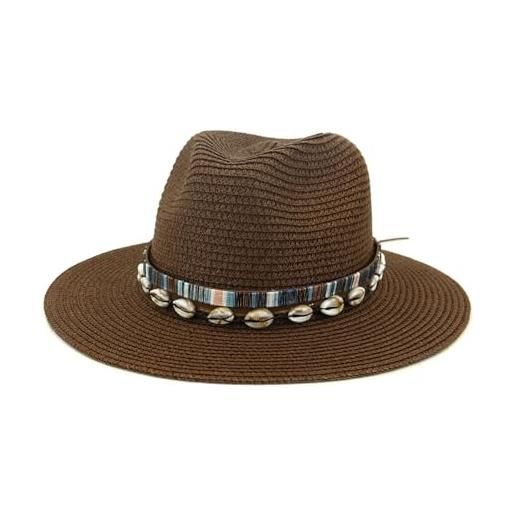 FASHIIROW cappello di paglia cappello da sole della paglia da donna e da uomo panama fedora cappello estivo con cappello da sole di spiaggia larga con cintura-caffè-m