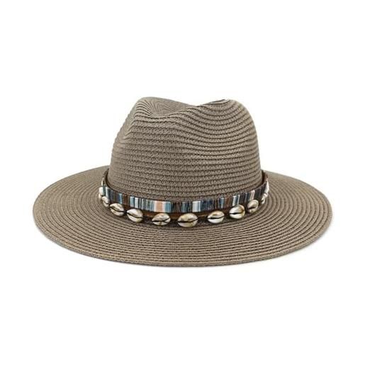 FASHIIROW cappello di paglia cappello da sole della paglia da donna e da uomo panama fedora cappello estivo con cappello da sole di spiaggia larga con cintura-crema di fagioli-m