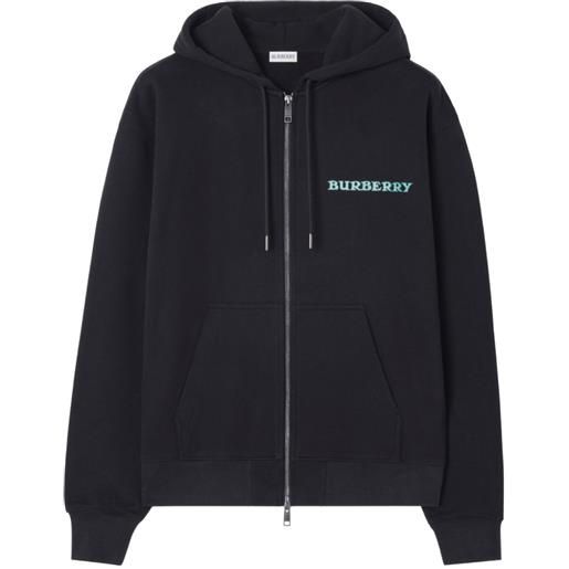 Burberry felpa in cotone con logo, zip e cappuccio - nero