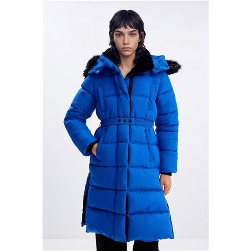 Desigual, cappotto imbottito cintura, poliestere, blu, l