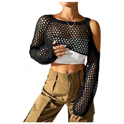 MANJIAMEI bolero a maniche lunghe da donna, top a rete corta a spalle nude coperta traforata a maglia bolero in maglia per abbigliamento da discoteca carnevale festival musicale e club, nero , as
