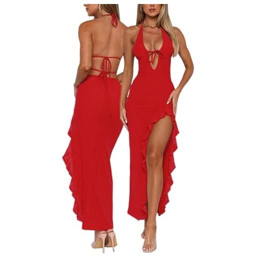 AOWVUTS abito lungo sexy donna maxi abito senza maniche scollo a v vestito elegante senza schienale con orlo a volant vestito da sera bodycon con spacco per discoteca cerimonia cocktail festa