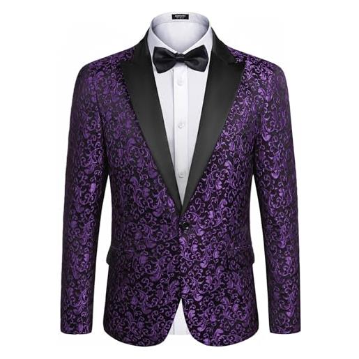 Coofandy giacca da uomo con motivo floreale, per cene, feste, balli di fine anno, matrimonio, elegante smoking, 1- viola, xx-large