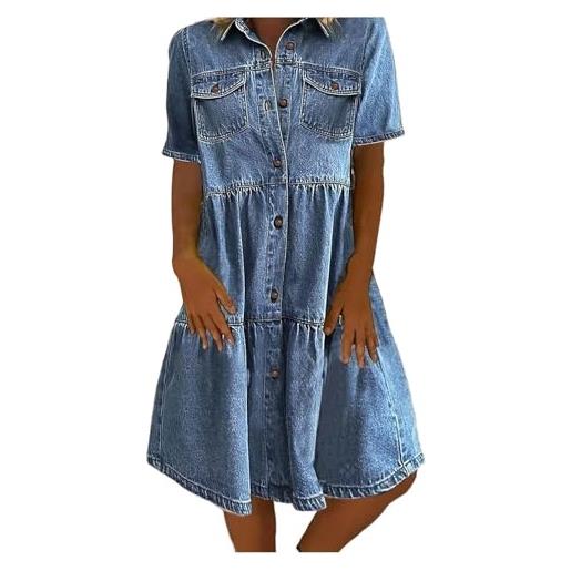Generic vestito midi donna in denim con colletto maniche corte stile americano #i326