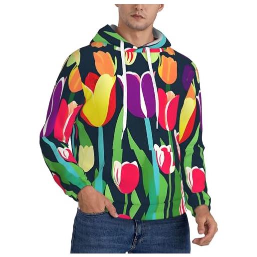 pvinnk felpa con cappuccio da uomo con stampa di tulipani colorati traspirante per la primavera autunno e inverno felpa, nero, 4x-large