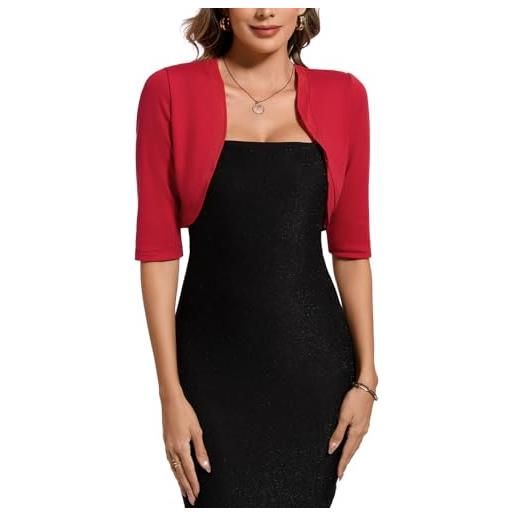 Kyzoeyou cardigan corto da donna, aperto, maniche a 3/4, bolero, leggero, elegante, casual, per feste, r-rosso, l