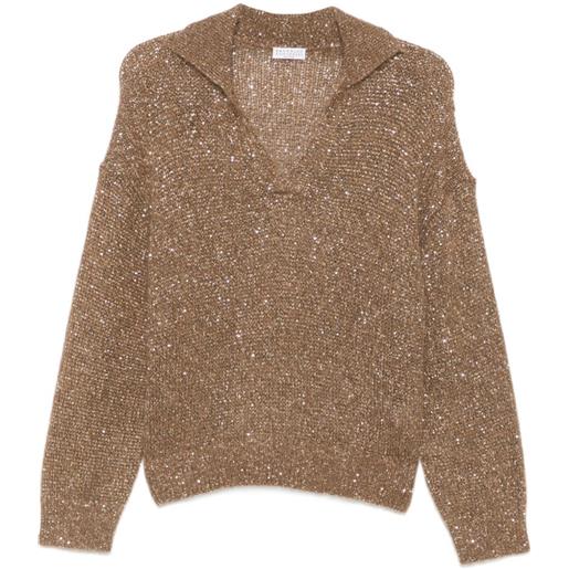 Brunello Cucinelli sequin-embellished polo-collar sweater - marrone