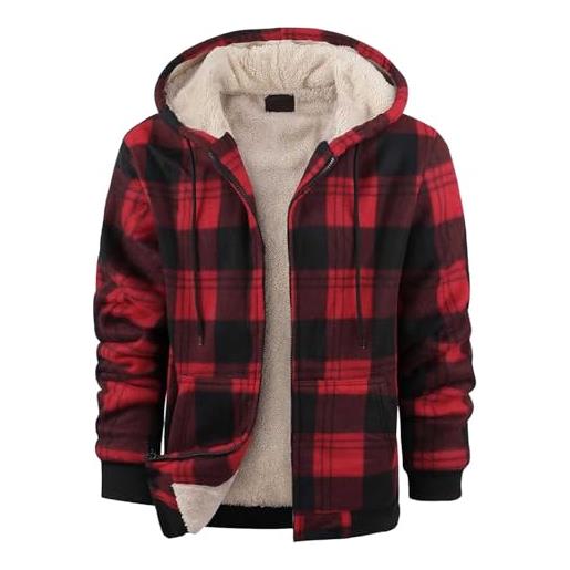 ZDSUHYIW giacca a scacchi per uomo giacca in pile felpa con cappuccio foderato ragazzi felpa con cappuccio con cerniera giacca invernale spessa calda felpa felpa giacca di flanella uomo, rosso anguria