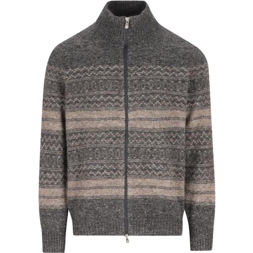 Brunello Cucinelli cardigan a collo alto in alpaca, cashmere e lana con effetto nordic jacquard - grigio