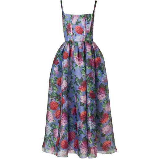 Carolina Herrera abito midi in organza con stampa floreale - blu