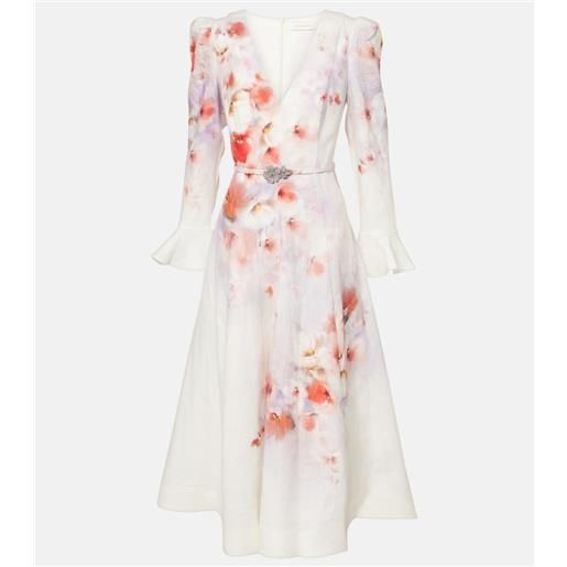 Zimmermann abito midi crush in lino con stampa