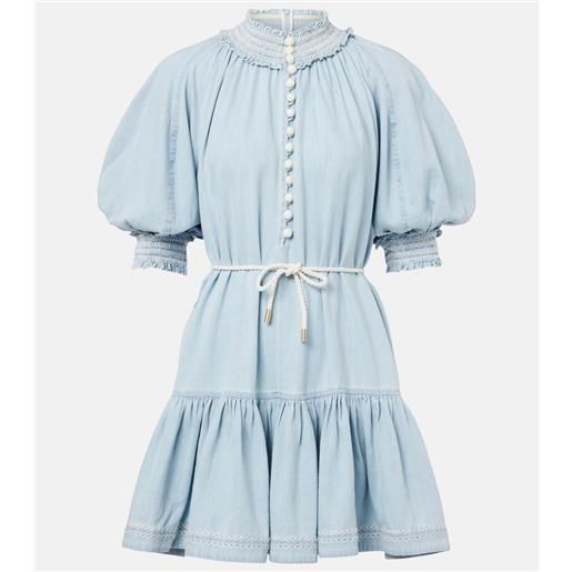 Zimmermann abito corto di jeans ascension con volant