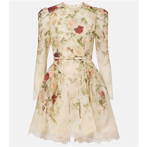Zimmermann abito corto hypnotic in lino e seta con stampa floreale