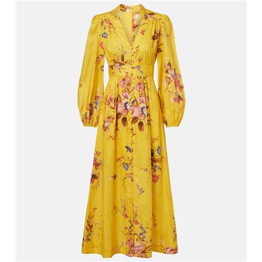 Zimmermann abito midi in lino con stampa floreale