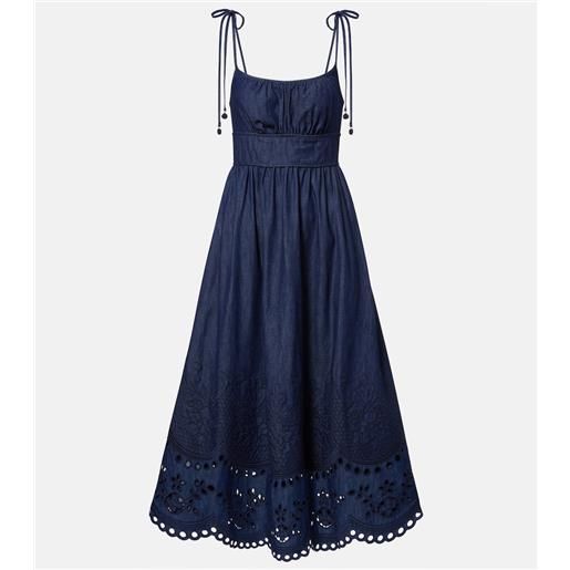 Zimmermann abito midi di jeans mahon con sangallo