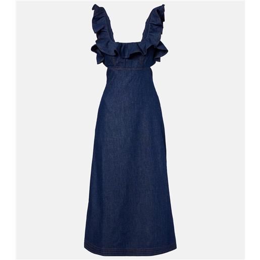 Zimmermann abito midi aster in denim con volant