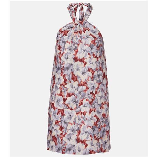 Posse miniabito luna in lino con scollo all'americana e stampa floreale