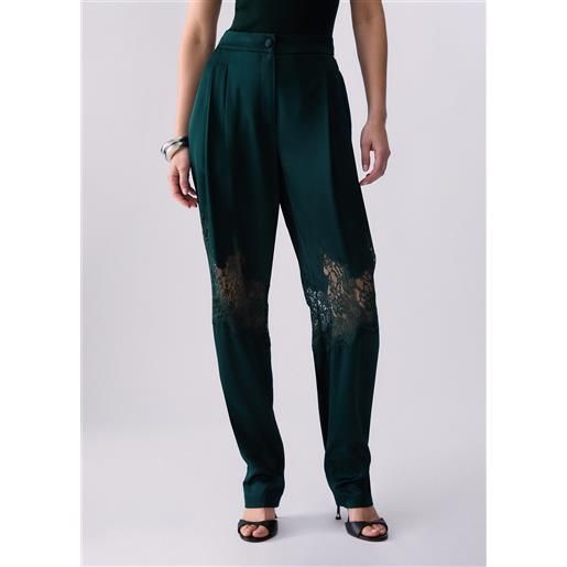Liu jo pantaloni in raso con dettagli in pizzo, verde scuro