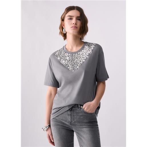 Liu jo t-shirt con ricami gioiello, grigio
