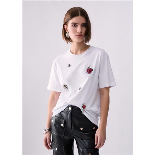 Liu jo t-shirt con ricami gioiello, bianco/castoni