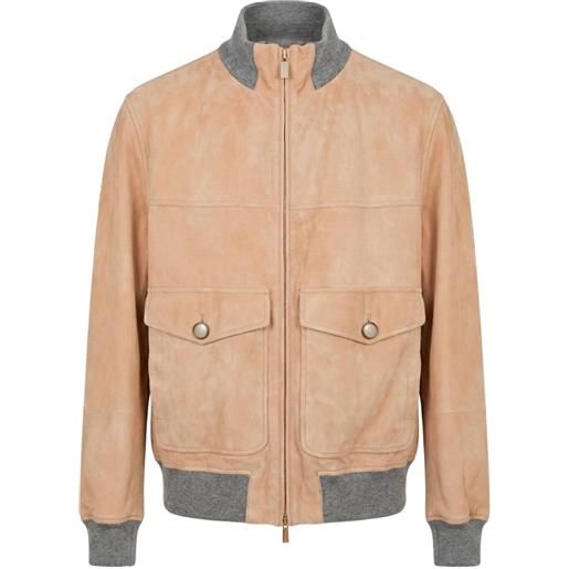 Brunello Cucinelli giacca-camicia in pelle scamosciata con zip - toni neutri