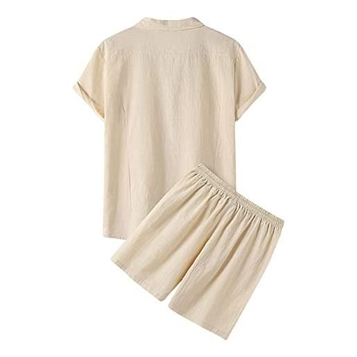 Generico completa tuta in lino da uomo, due pezzi, estiva, per il tempo libero, tinta unita, a maniche corte, con bottoni, camicia e pantaloncini da spiaggia, set di pantaloni corti in cotone e lino