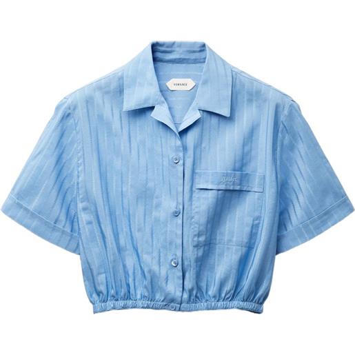 Versace camicia crop in seta e cotone jacquard - blu