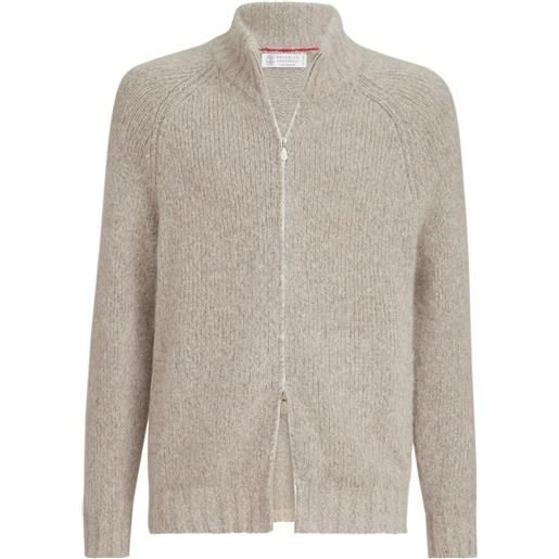 Brunello Cucinelli cardigan in cashmere e seta a collo alto con zip - toni neutri
