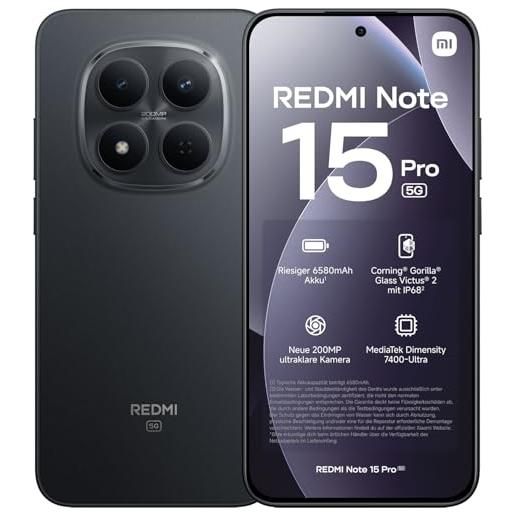 XIAOMI redmi note 15 pro 5g smartphone 8+256gb, schermo 6,83 1.5k amoled, media. Tek dimensity 7400-ultra, fotocamera da 200mp, batteria da 6580mah, nero, incluso smart watch