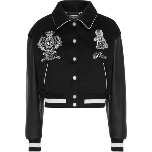 Philipp Plein bomber con maniche in pelle e ricamo logo - nero