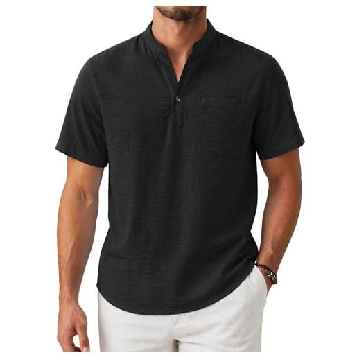 Enlision camicia uomo lino manica corta nera, camicie estive collo coreana traspirante con taschino, maglietta casual per spiaggia vacanze, vestibilità ampia taglie 3xl