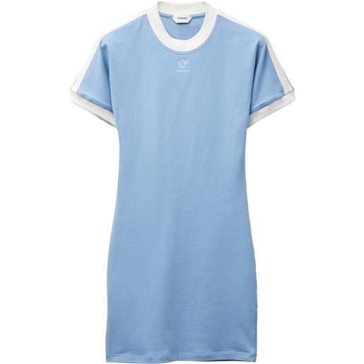 Versace abito corto in jersey di cotone elasticizzato con logo ricamato - blu