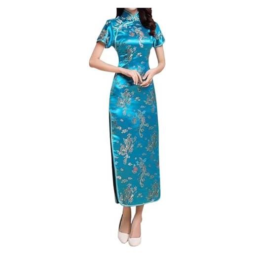Generisch 2026 costume da donna cinese cheongsam abito ricamato manica corta lunga lunghezza signore tradizionale qipao, celeste. , s