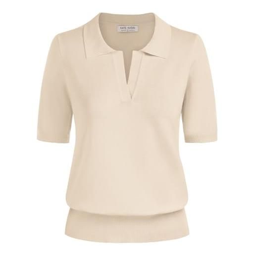 Kate Kasin polo da donna a maniche corte con scollo a v, maglia casual, a costine, maglione pullover allentato, nero, bianco, m