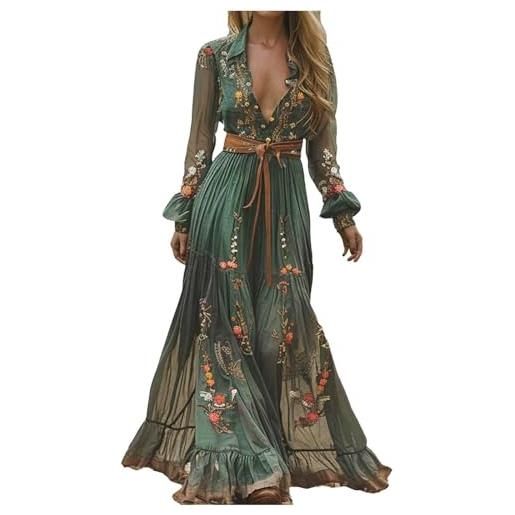Generisch maxi abito estivo da donna, lungo, vintage, abito da spiaggia, scollo a v, abito bohémien, a maniche lunghe, con stampa bohémien, abito casual, in chiffon, per vacanze, spiaggia, matrimonio, verde 1