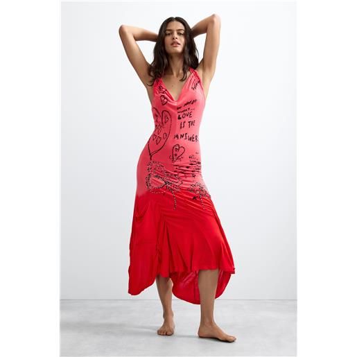 Desigual, vestito halter con lettering vintage, donna, viscosa, arancione, l