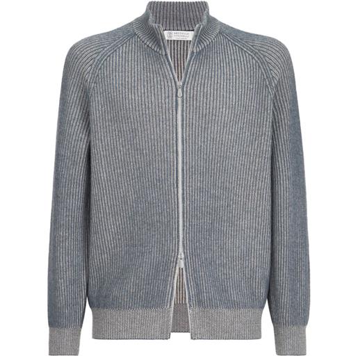 Brunello Cucinelli cardigan in cashmere vanisé a costa inglese con collo alto e zip - grigio