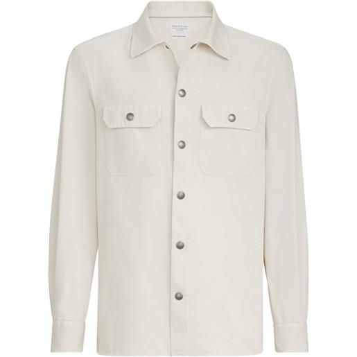 Brunello Cucinelli giacca-camicia in gabardine di cotone tinto in capo con colletto ampio e tasche sul petto - toni neutri