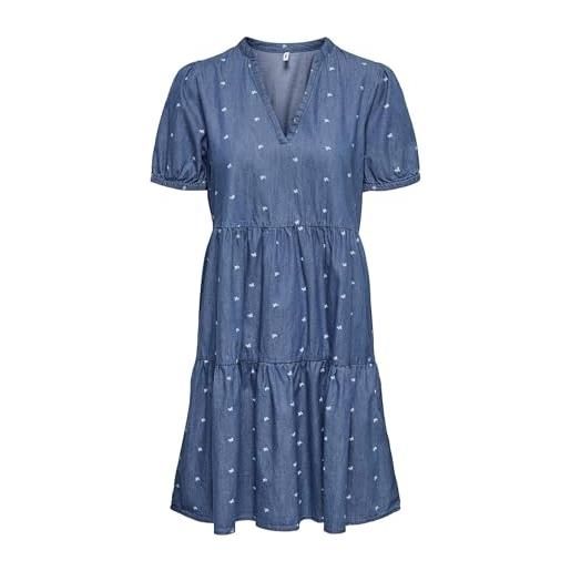 Only onlnova - abito estivo da donna a maniche corte, in denim, con fiocchi, ricamato, colore: azure thea